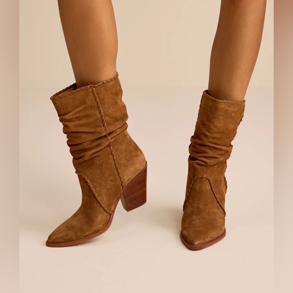 Dolce Vita Julieta Light Brown Suede Stitched Slouchy Mid-Calf Boots Festival
